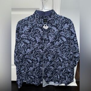 Navy Button-Up Shirt with Light Blue Paisley Print